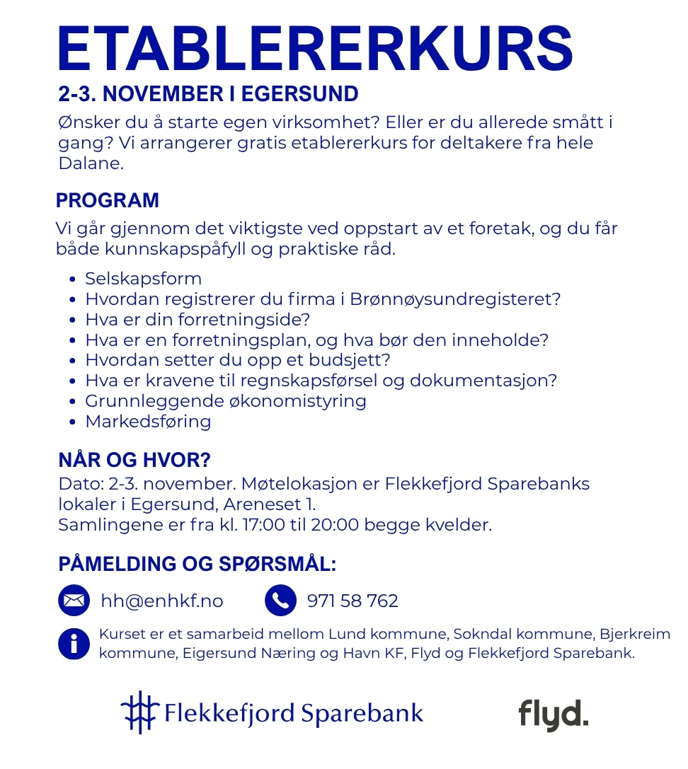 Plakat for å reklamere for Etablererkurs i Dalane