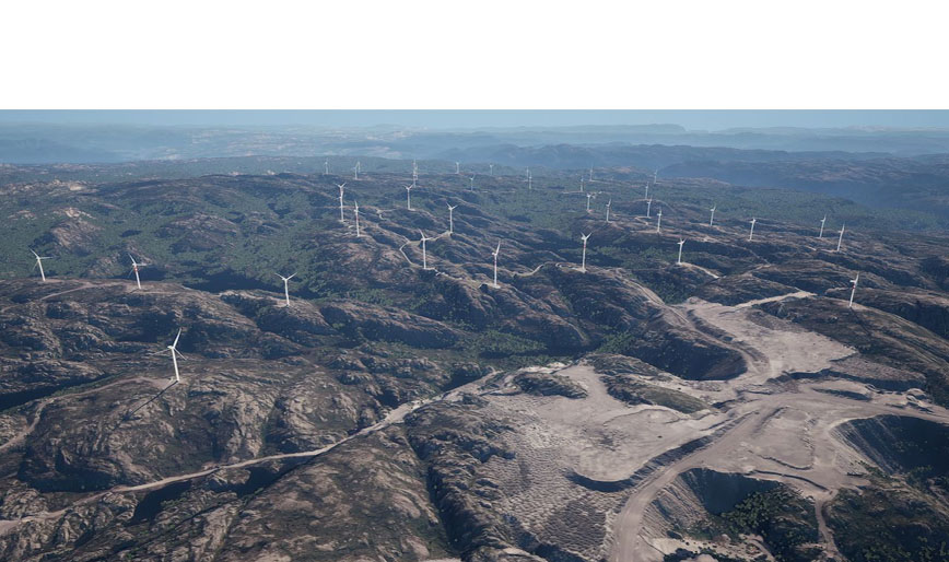 Illustrasjonen viser de åtte vindturbinene til Moldalsknuten vindkraftverk i midten av bildet, i umiddelbar nærhet til Tellenes vindkraftverk og Titania Gruver. Kilde: konsesjonssøknaden